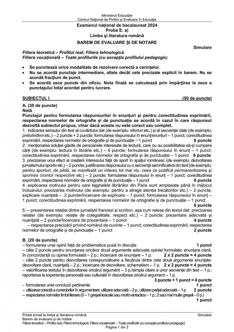 Barem Română simulare BAC 2024 - profil uman pagina 1