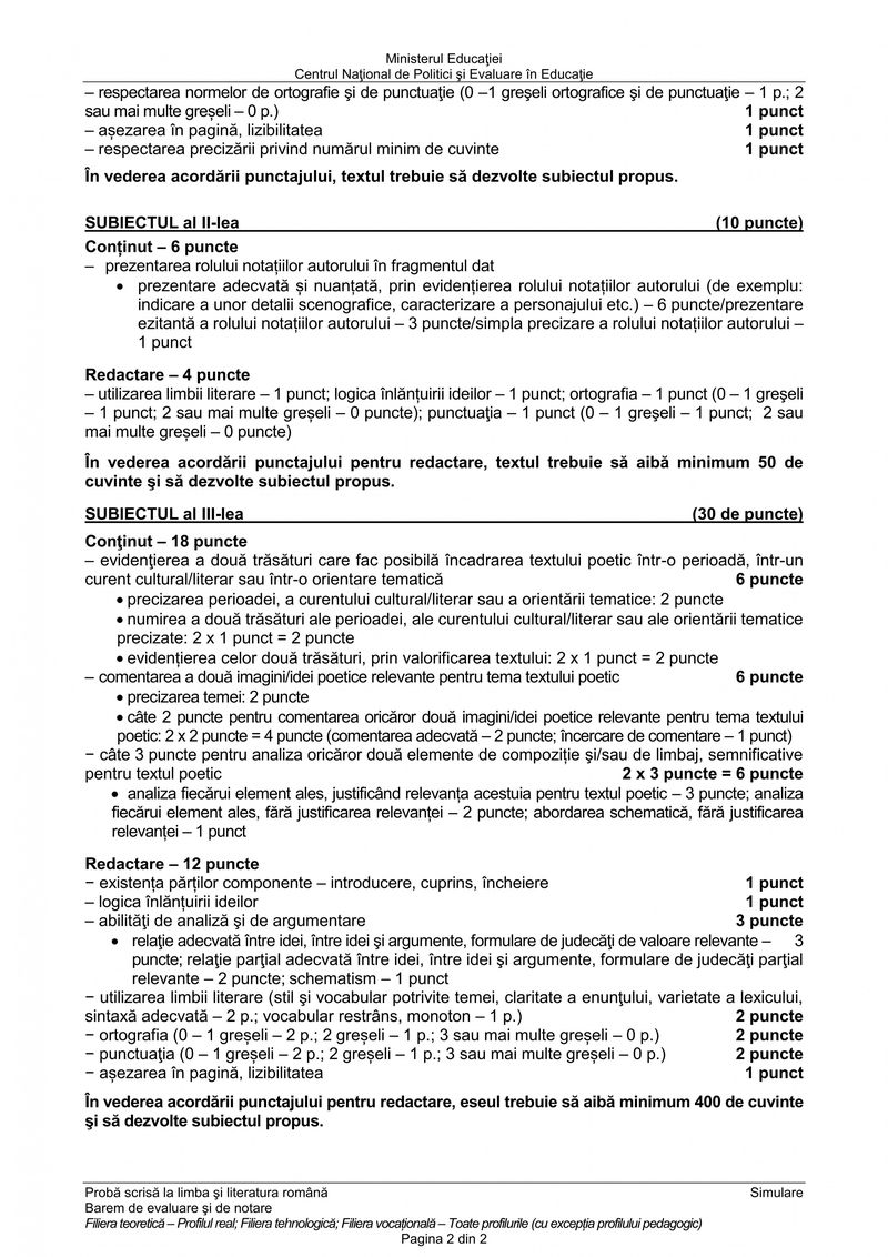 Barem Română simulare BAC 2024 - profil uman pagina 2