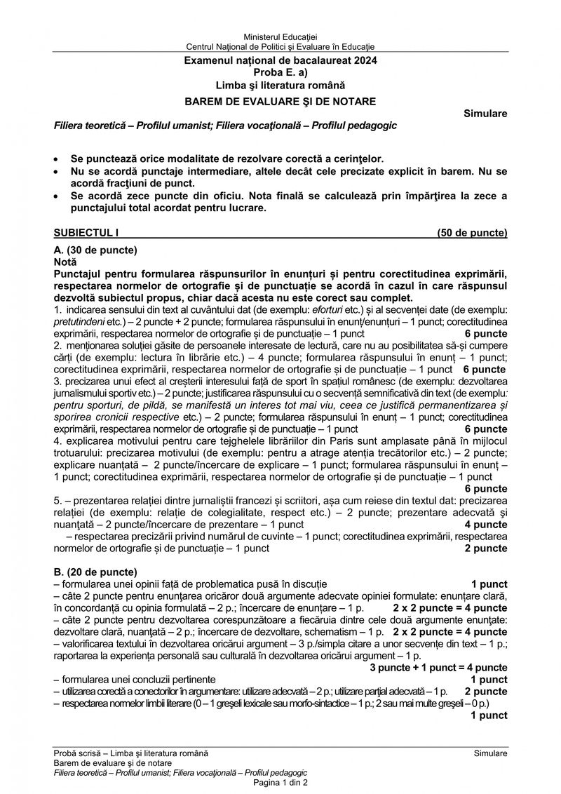 barem romana simulare BAC 2024 - profil uman 1