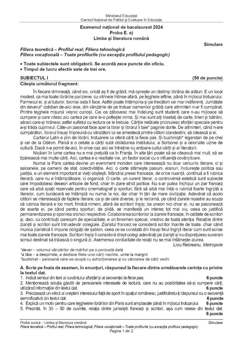 Subiecte Română simulare BAC 2024