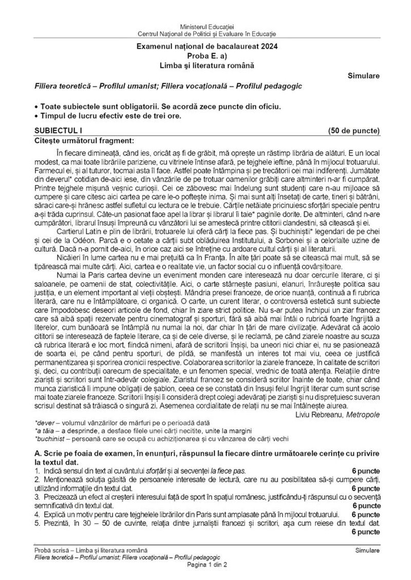 Subiecte Română simulare BAC 2024