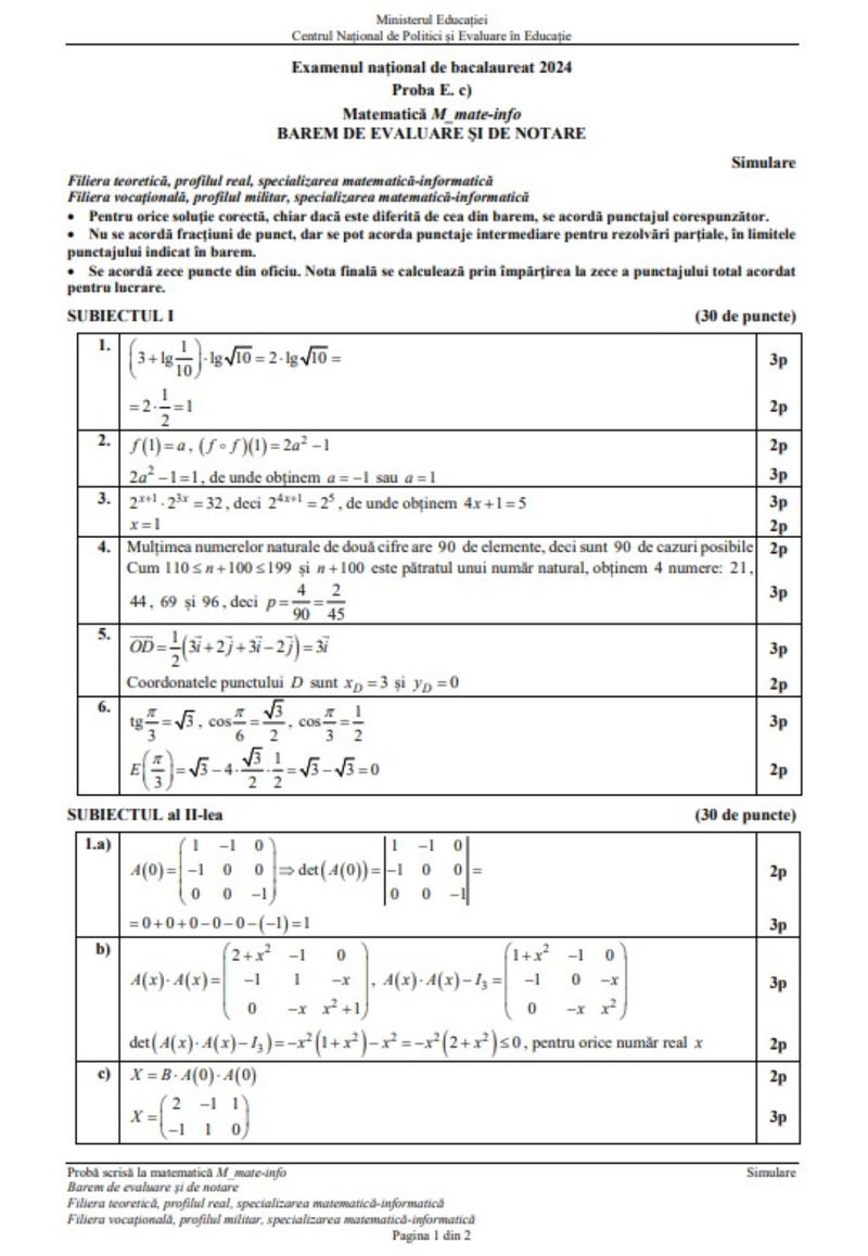 Barem Matematică pentru simulare BAC 2024