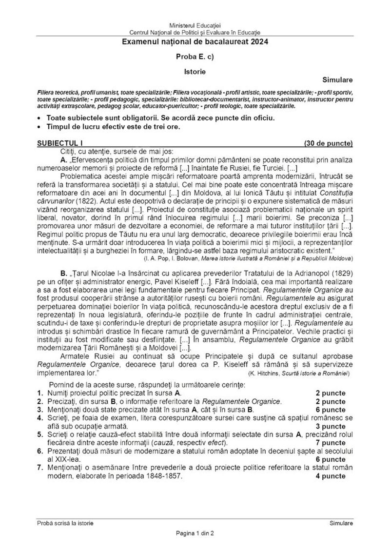 subiecte istorie simulare BAC 2024