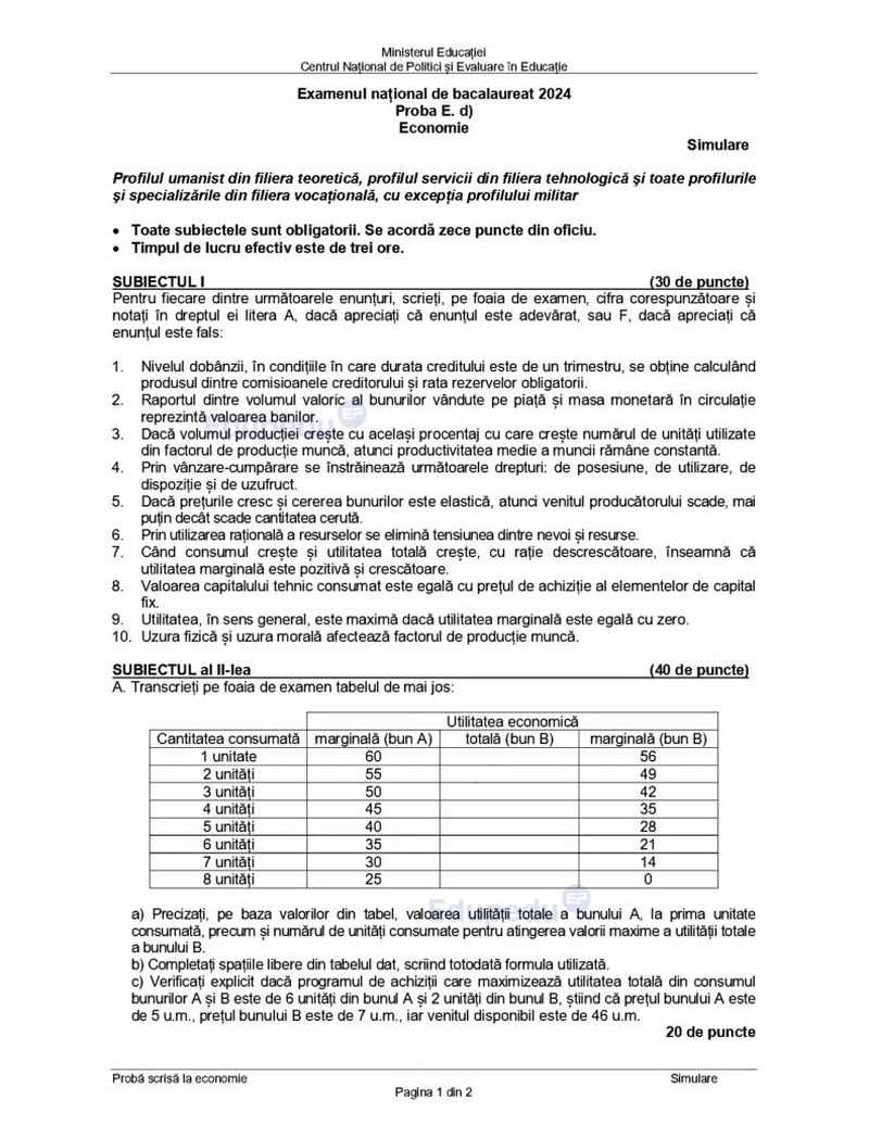 subiecte economie simulare bac 2024