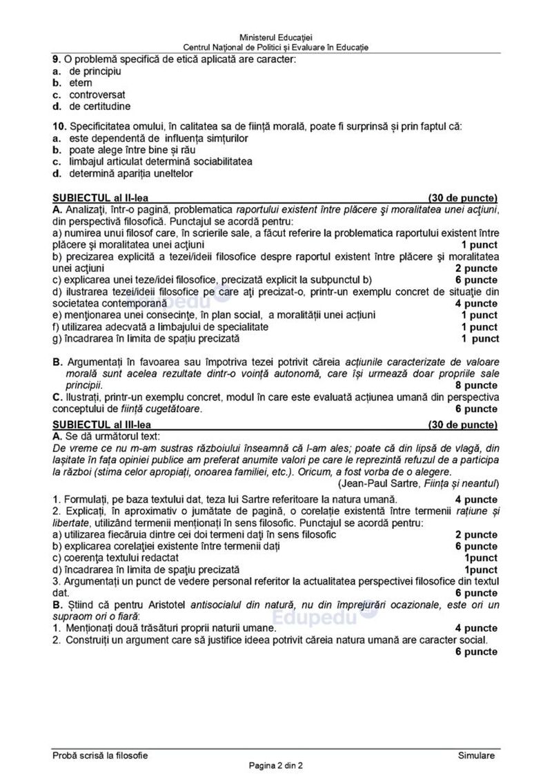 Subiecte Filosofie simulare BAC 2024