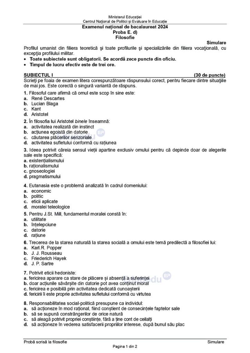 Subiecte Filosofie simulare BAC 2024