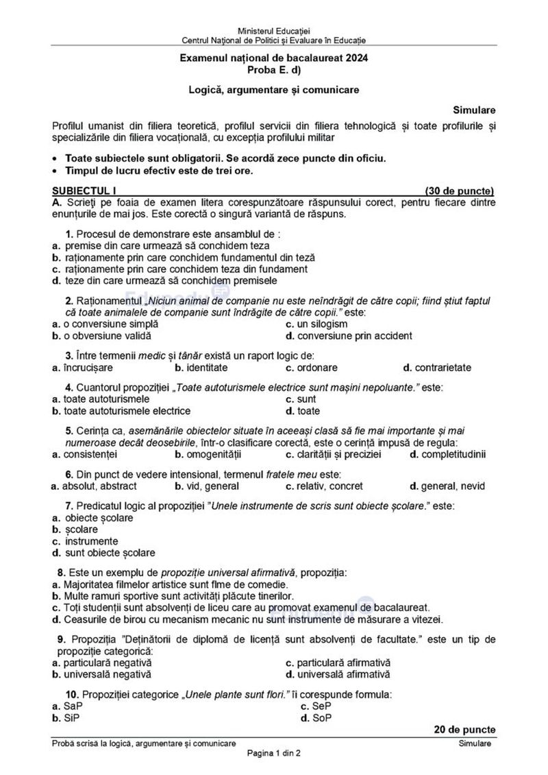 Subiecte Logică simulare BAC 2024