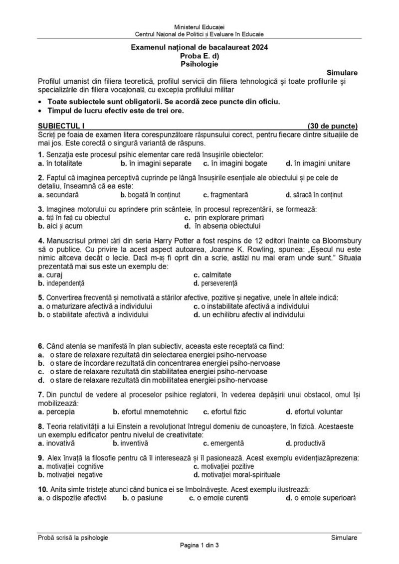 subiecte psihologie simulare bac 2024