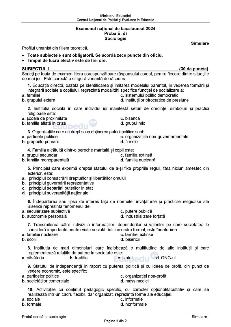 Subiecte Sociologie simulare BAC 2024