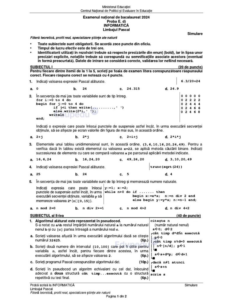Subiectele la Informatică pentru simulare BAC 2024