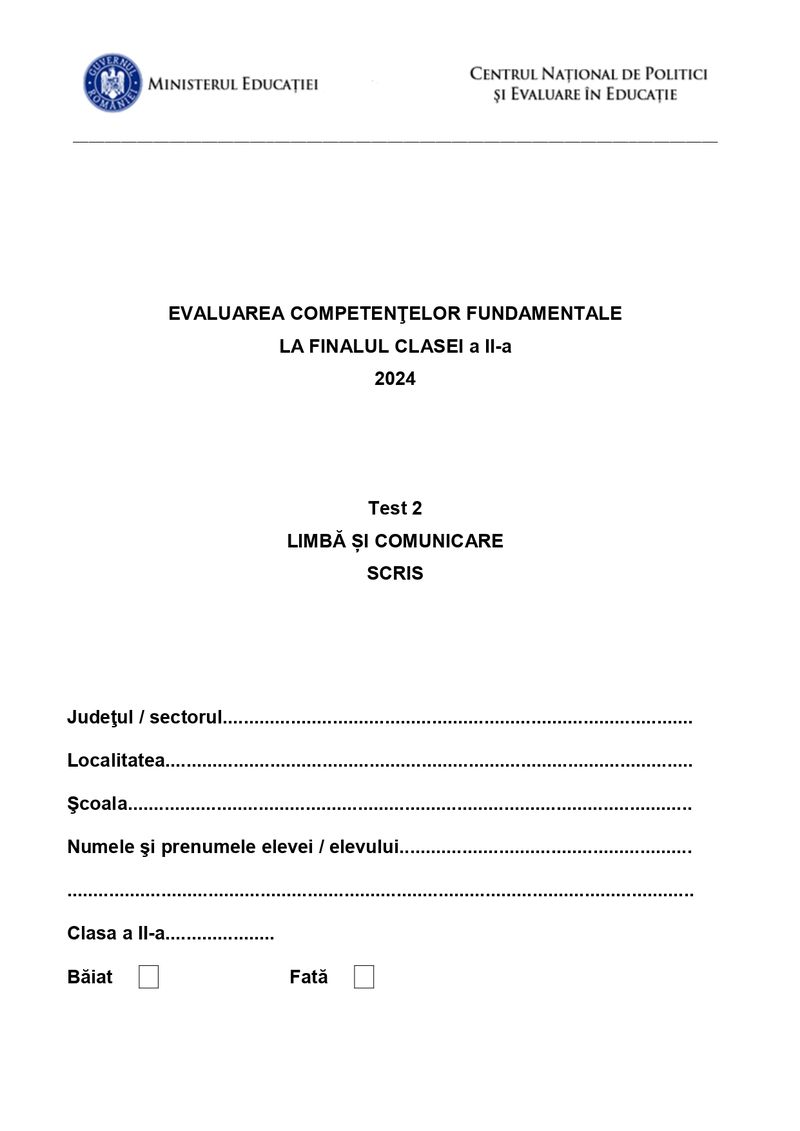 Evaluare Națională 2024 clasa a 2-a pentru Limba Română scris - pag 1