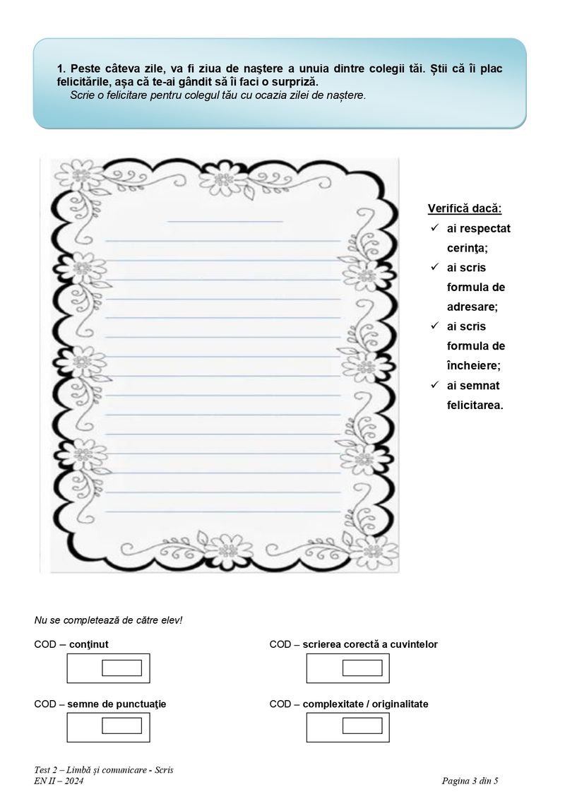 Evaluare Națională 2024 clasa a 2-a pentru Limba Română scris - pag 2