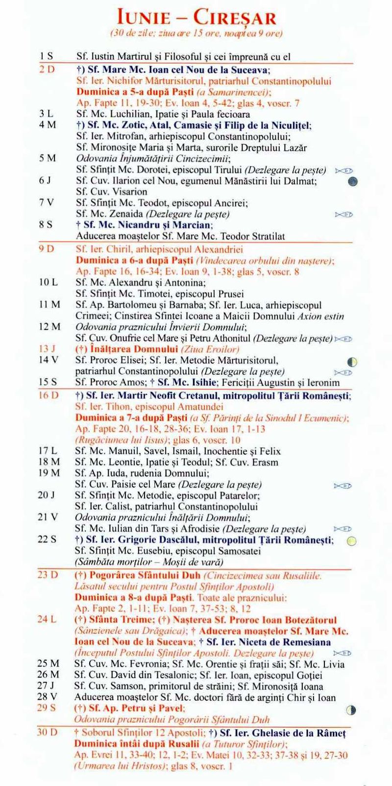 Calendar ortodox iunie 2024