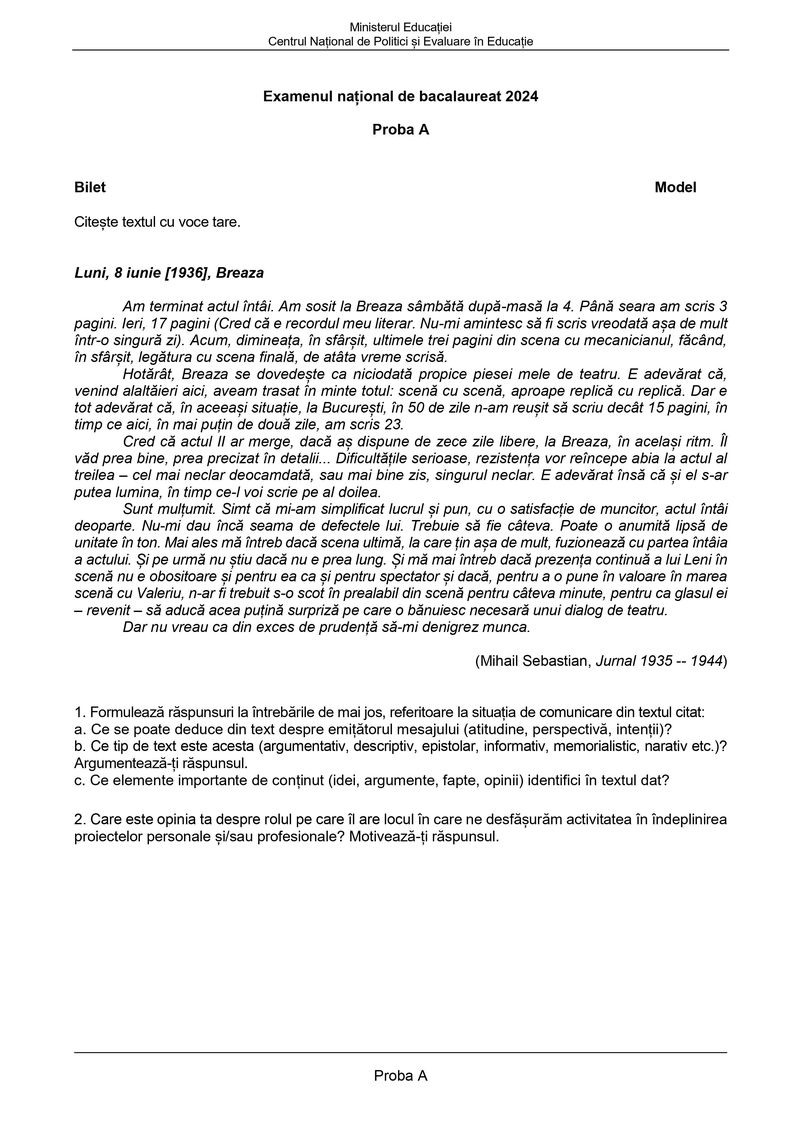 Subiecte Competențe Română BAC 2024 - model