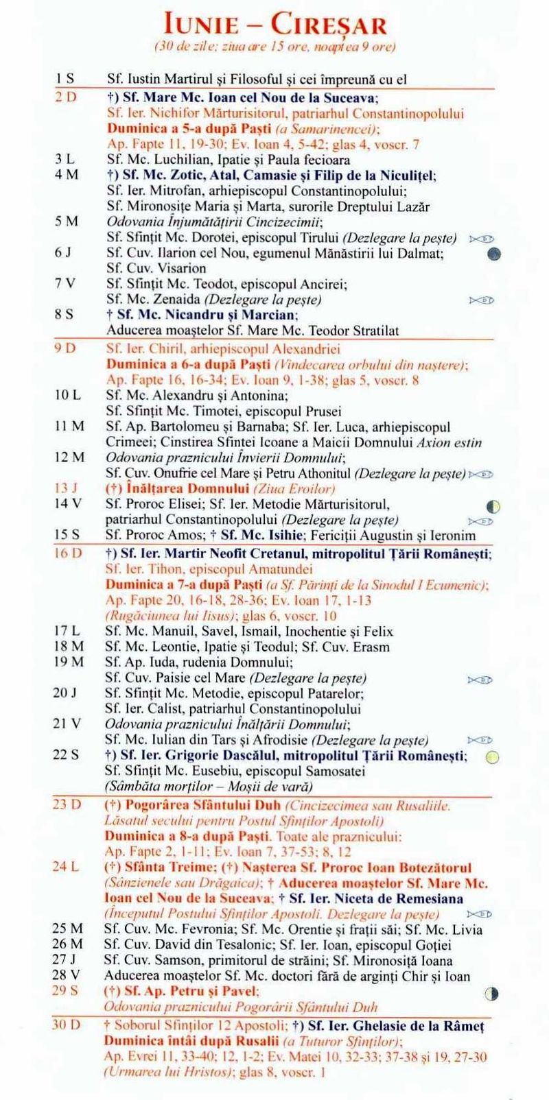 Calendar ortodox iunie 2024