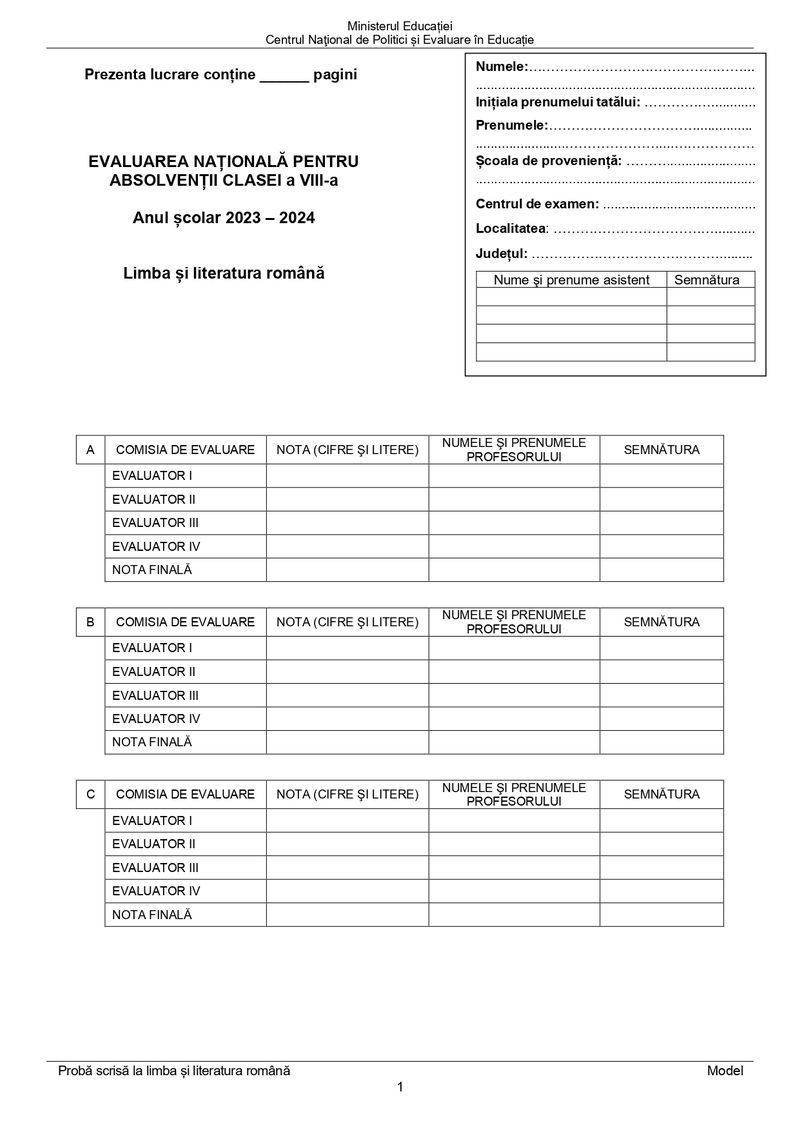 Model subiecte Romana Evaluare Nationala 2024 -pag 1