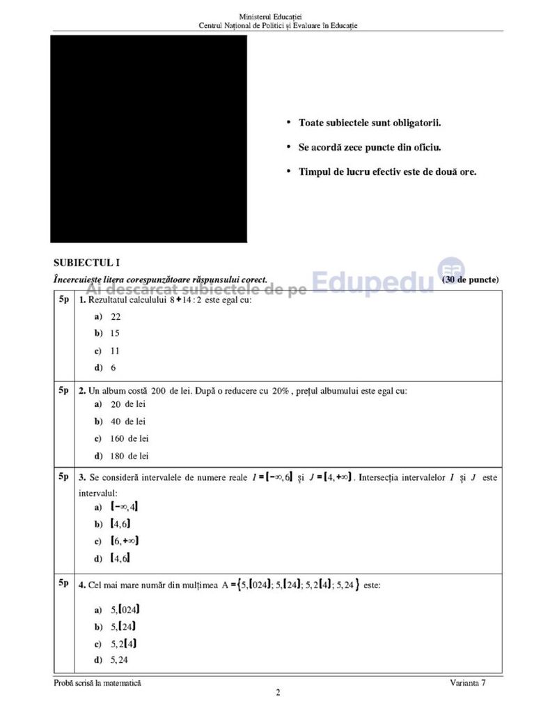 Edu.ro Subiecte Matematică Evaluare Națională 2024 pag 1