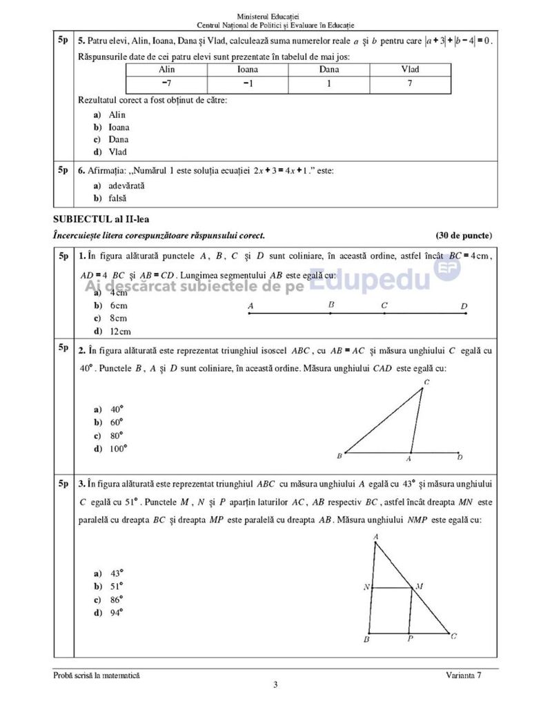 Edu.ro Subiecte Matematică Evaluare Națională 2024 pag 2