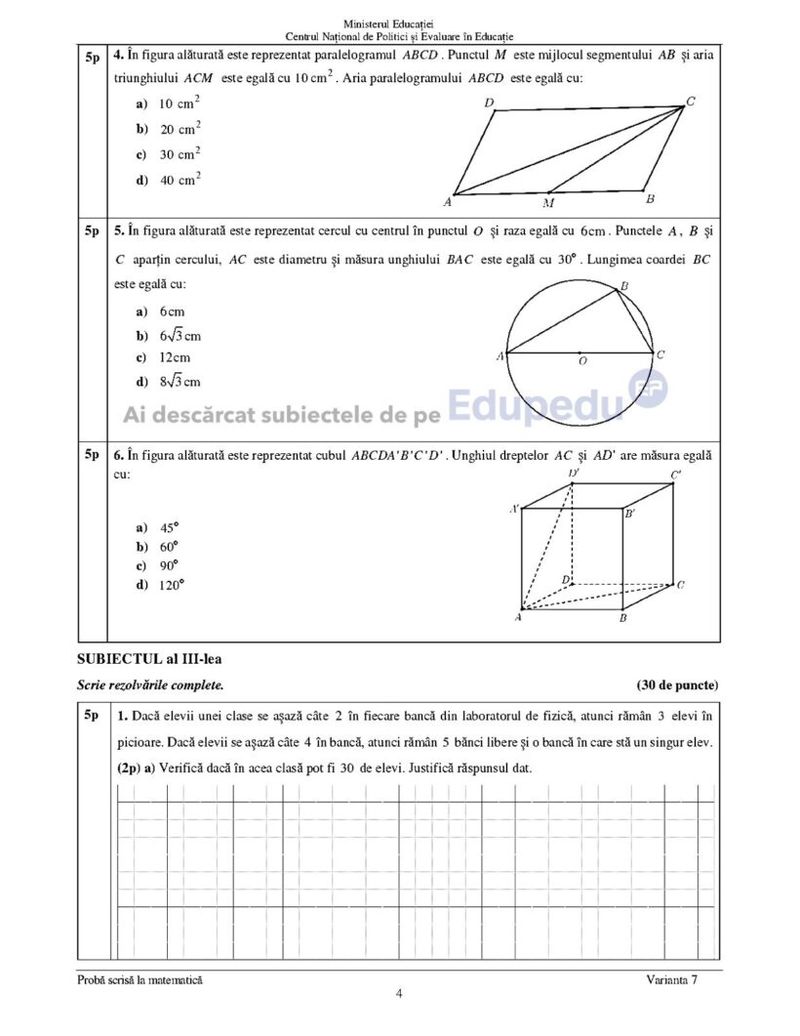 Edu.ro Subiecte Matematică Evaluare Națională 2024 pag 3