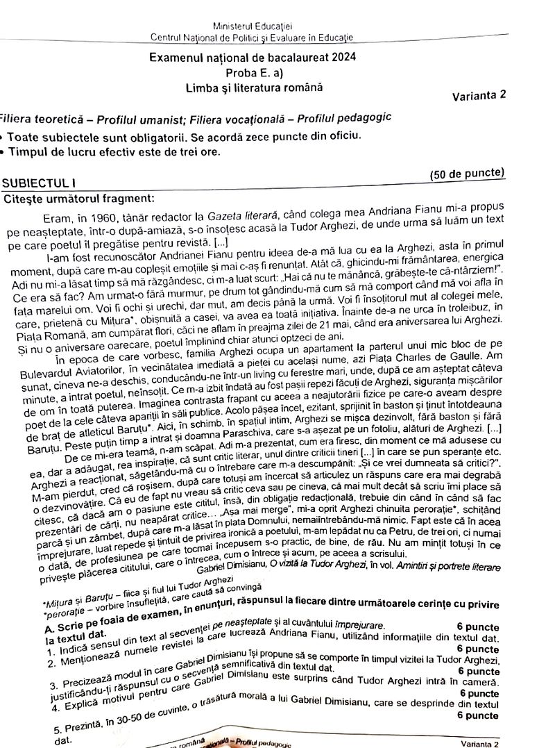 Subiecte Română BAC 2024 - profil real pag 1