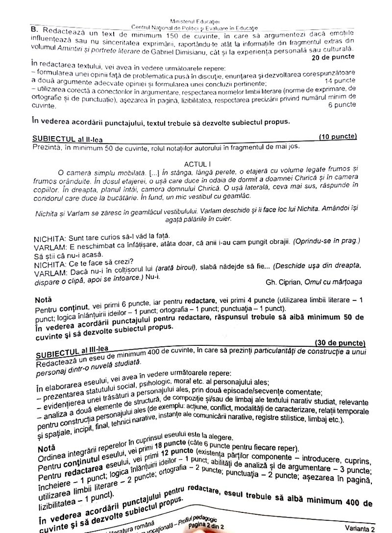 Subiecte Română BAC 2024 - profil real pag 2