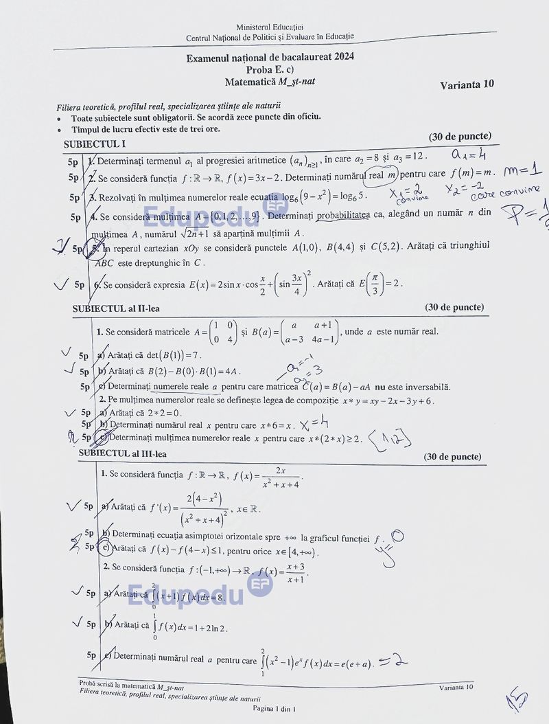 subiecte matematică BAC 2024 - stiinte ale naturii 