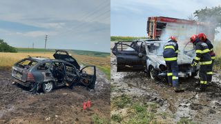 VIDEO Tragedie pe DN29! O mașină în care se aflau două persoane a fost cuprinsă de flăcări. În ce stare se află pasagerii