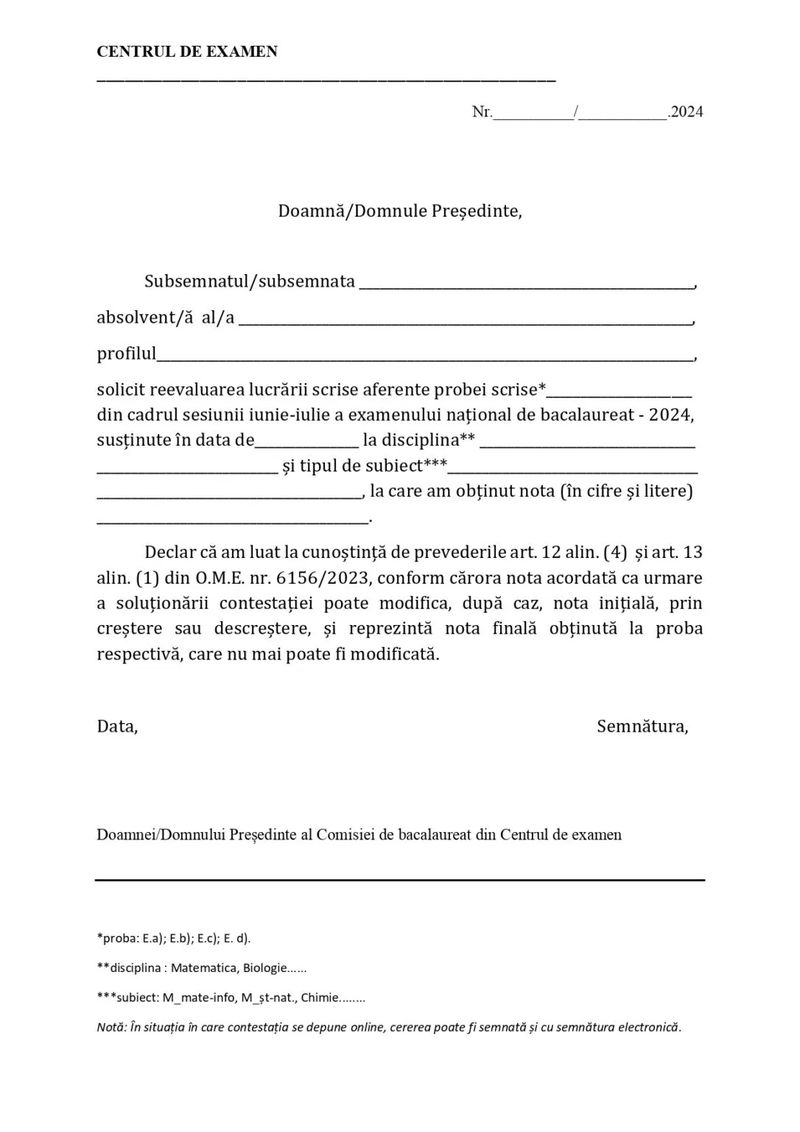 Model cerere contestație BAC 2024