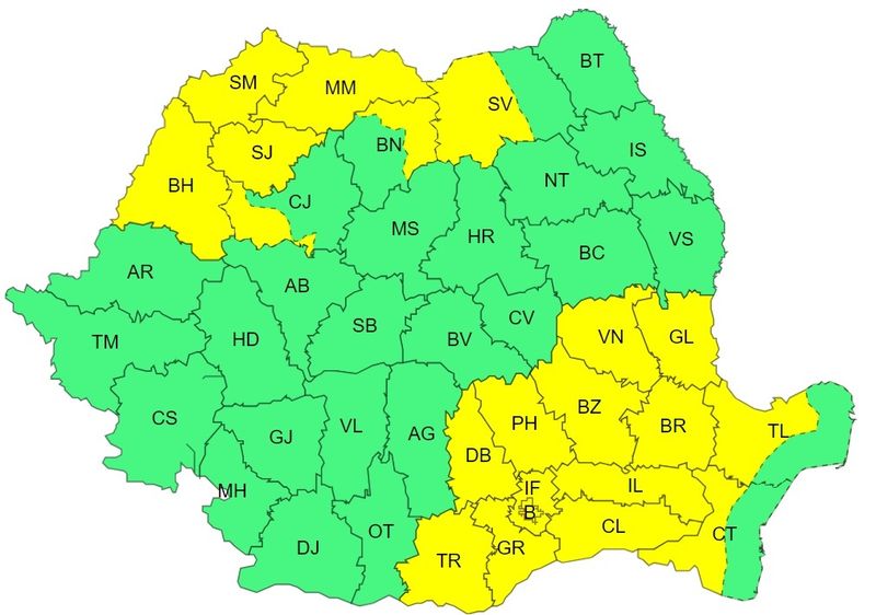 Cod galben de vijelii în 20 de județe și Capitală