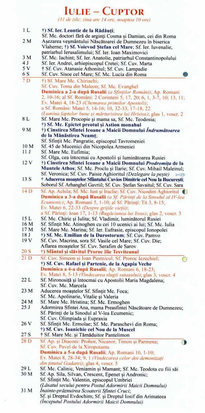 Calendar ortodox pentru luna iulie 2024