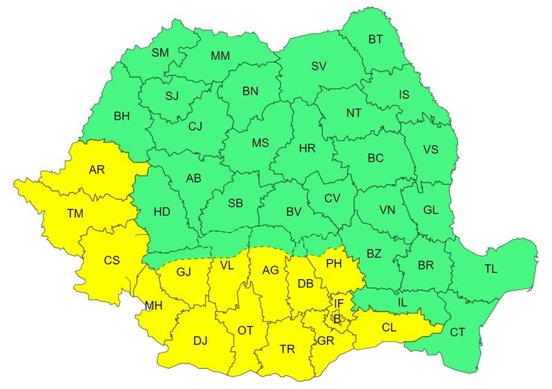  Cod galben de caniculă, luni, în Capitală și 15 județe