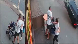 VIDEO O familie, salvată ca prin minune din calea morții. Un miracol a făcut să nu fie zdrobiți de mașina ieșită de pe carosabil, care s-a rostogolit p&acirc;nă la c&acirc;țiva centimetri de ei