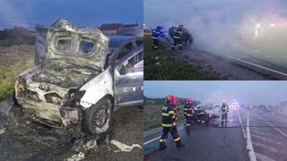 VIDEO S-a îmbătat, a urcat la volan și a intrat în plin în altă mașină. Autoturismul șoferului beat a luat foc în urma impactului