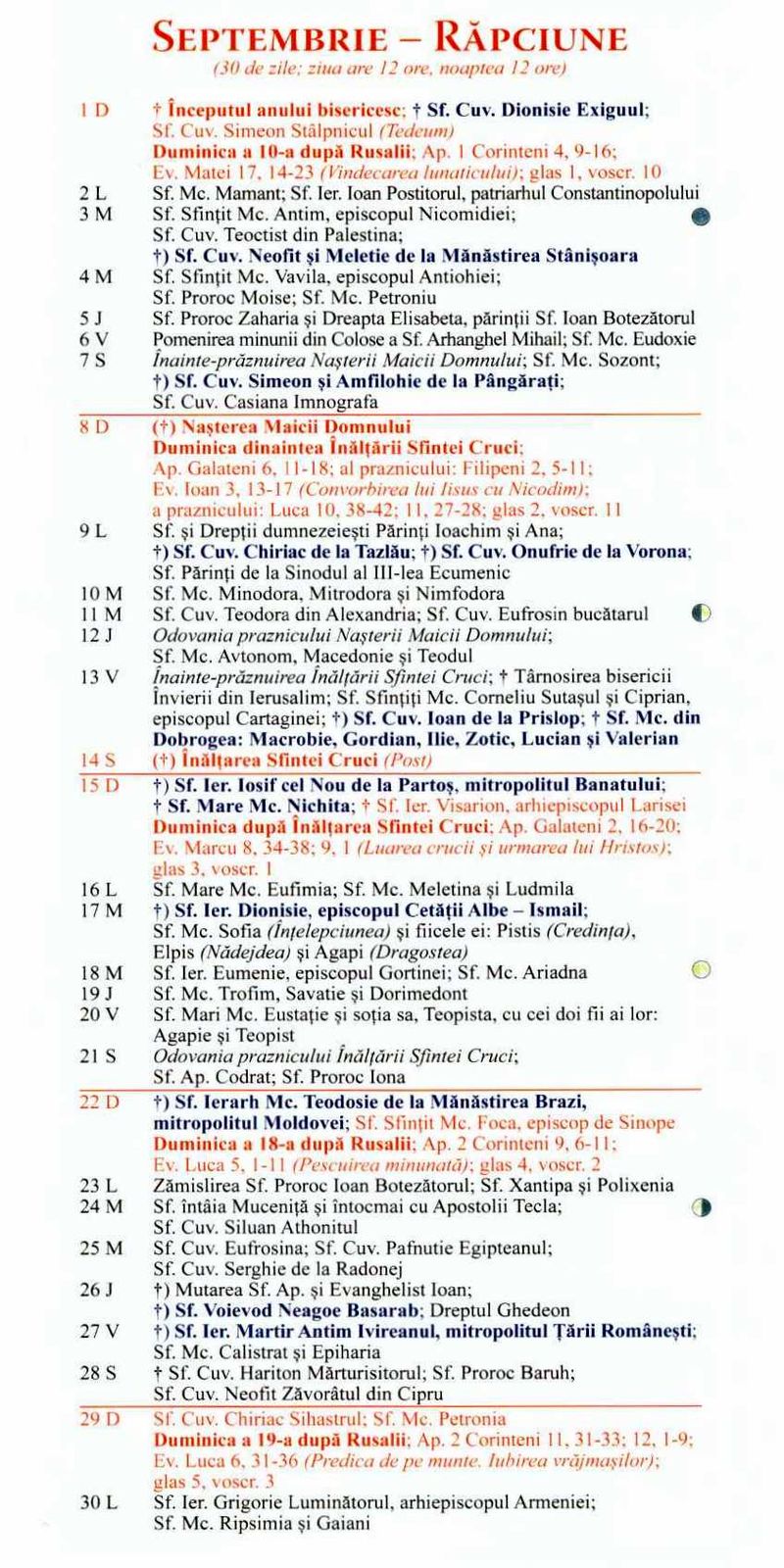 Calendar ortodox septembrie 2024