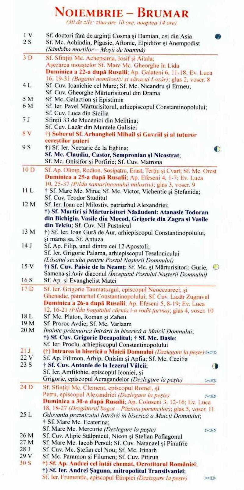 Calendar ortodox noiembrie 2024