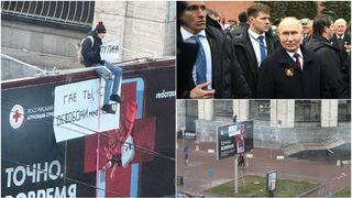 Protest anti-Putin în Moscova. Un bărbat s-a urcat pe un panou publicitar și a scris ceva incredibil