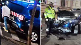 VIDEO Mașină de poliție cu girofarul pornit, furată de un om al străzii. A urmat o urmărire ca în filme și un accident în lanț