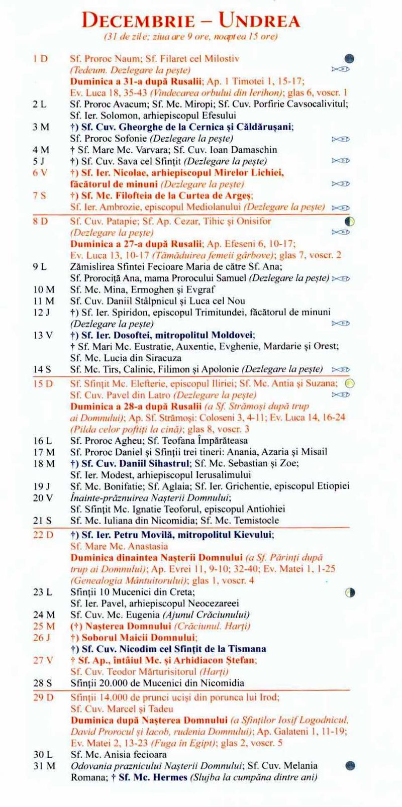 Calendar ortodox decembrie 2024