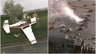 VIDEO Avion prăbușit pe o clădire &icirc;n care lucrau 200 de persoane. Cel puțin doi oameni au murit