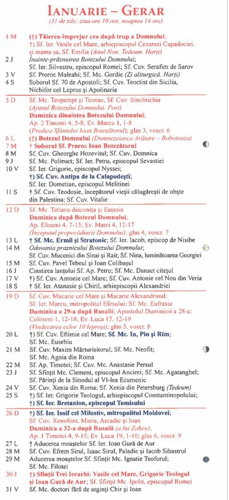 Calendar ortodox ianuarie 2025