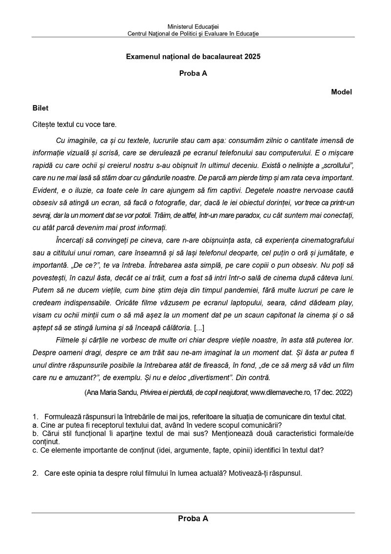 Subiecte Competențe Română BAC 2025- Model de bilet