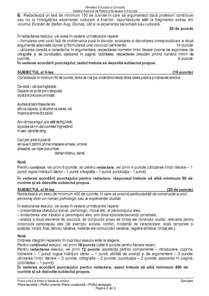 Subiectele la Română simulare BAC 2025 - profil uman