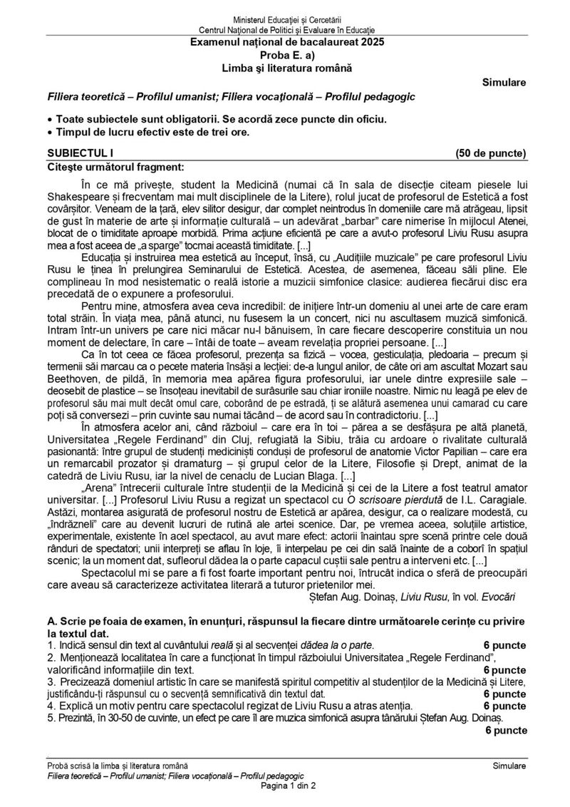 Subiectele la Română simulare BAC 2025 - profil uman