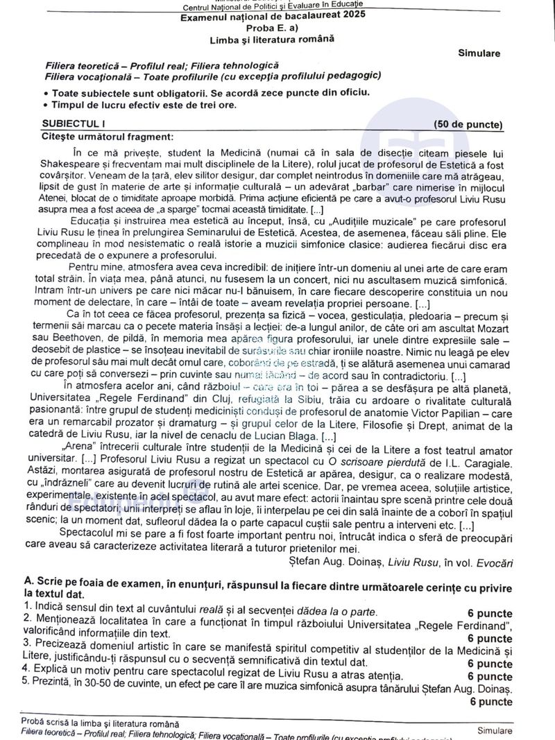 Subiecte Română Simulare BAC 2025: profil real
