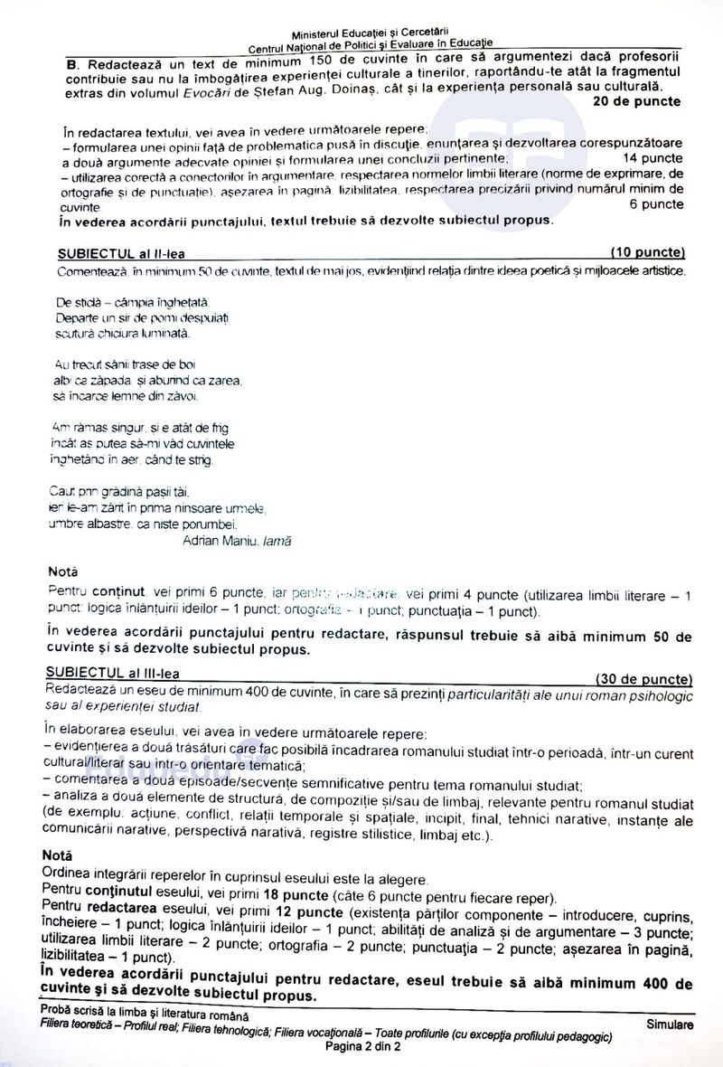 Subiecte Română Simulare BAC 2025: profil real