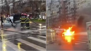 VIDEO Mașină cuprinsă de flăcări în trafic! Șoferul a scăpat ca prin minune