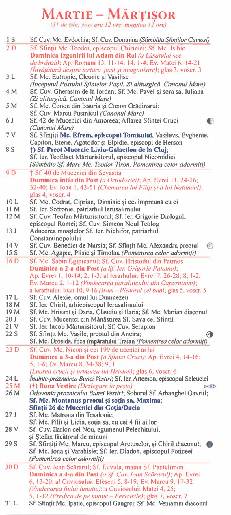 Calendar ortodox martie 2025