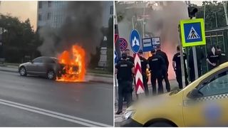 VIDEO Mașină cuprinsă de flăcări într-o stație de autobuz