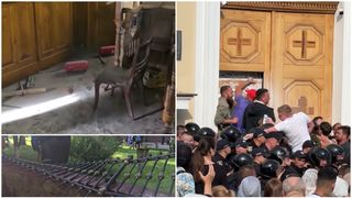 VIDEO "I-au bătut" Scene desprinse dintr-un film de groază la catedrala din Cernăuți. Mai mulți oameni au intrat &icirc;n biserică și au lovit preoții și pe mitropolitul Meletie