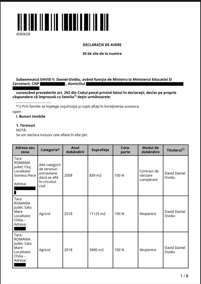 Declarație de avere a lui Daniel David